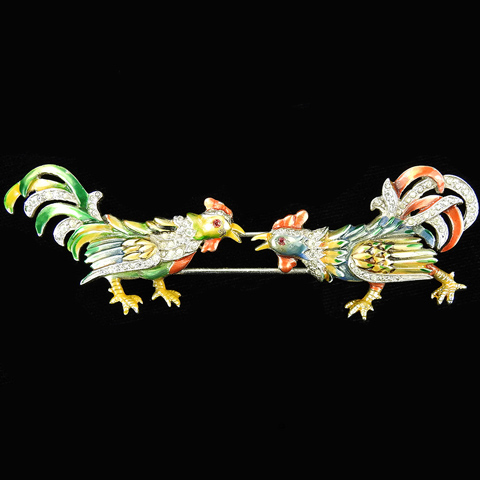 DuJay Pave and Enamel Pair of Fighting Cocks Pin
