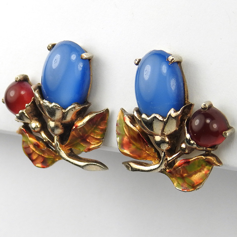 Dujay Sapphire and Ruby Cabochons and Mottled Metallic Enamel Leaves Screwback Earrings