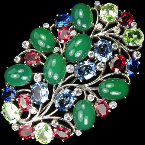 Dujay Sterling Ruby Sapphire Peridot Blue Topaz and Emerald Cabochons Oval Branching Flowers Pin