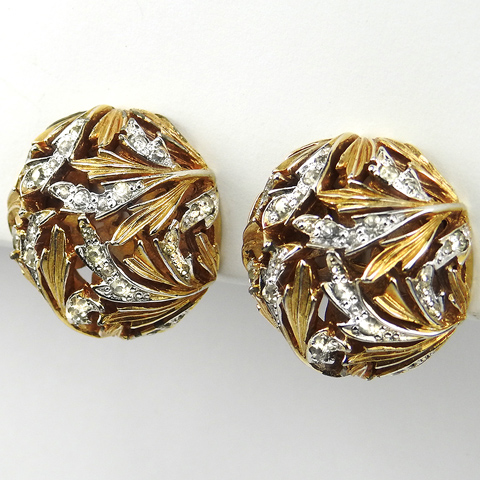 Nettie Rosenstein Gold and Pave Leaf Swirl Domes Button Clip Earrings