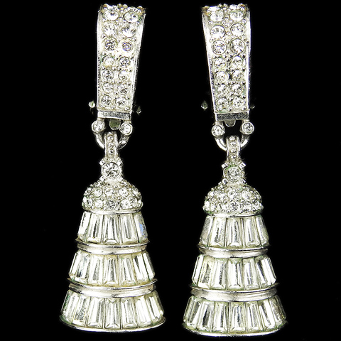 Pennino Pave and Baguettes Pendant Bells Clip Earrings