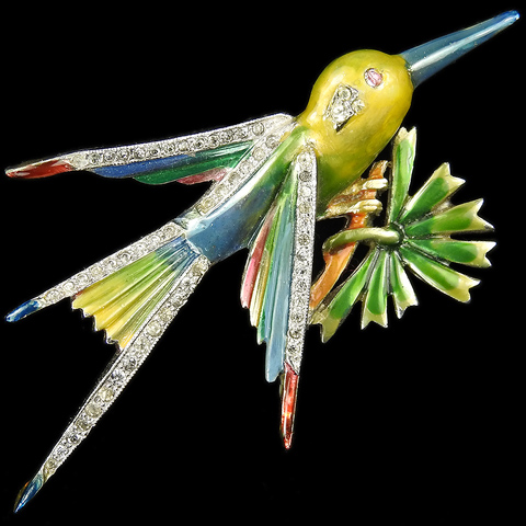 Dujay Pave and Enamel Stylized Bird on Branch Pin