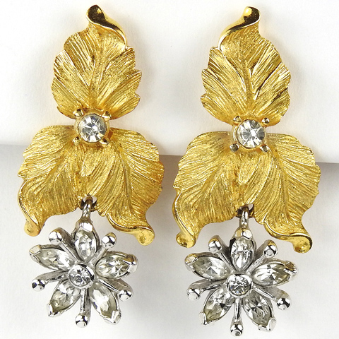 Pennino Gold Leaves and Pendant Diamante Flowers Clip Earrings