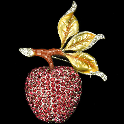 Dujay Pave Ruby Red Apple on a Branch with Metallic Enamelled Leaves Pin
