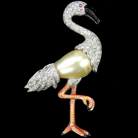Dujay Pave Pearl and Enamel Standing Flamingo Bird Pin