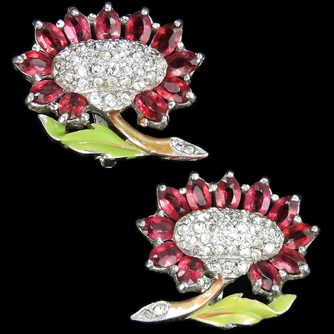 Dujay Pave and Enamel Ruby and Diamante Sunflower Clip Earrings