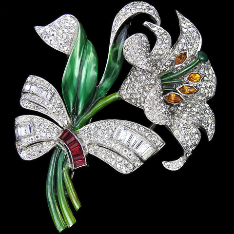 Dujay Pave Enamel and Openback Invisibly Set Rubies, Diamonds and Marquise Cut Citrines Lily Flower with Bow Pin