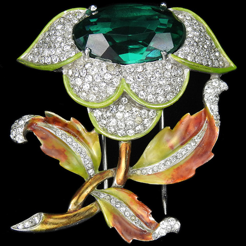 Dujay Pave Faceted Emerald and Mottled Metallic Enamel Leaves Flower Pin Clip