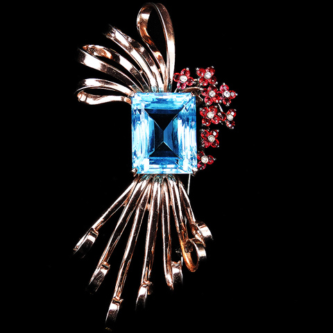 Pennino Sterling Gold Square Cut Aquamarine and Ruby Flowers Giant Floral Bow Spray Pin
