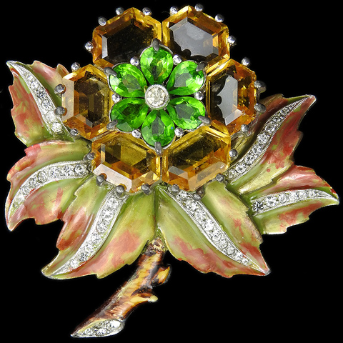 Dujay Pave Hexagon Cut Citrines and Mottled Metallic Enamel Leaves Flower Pin