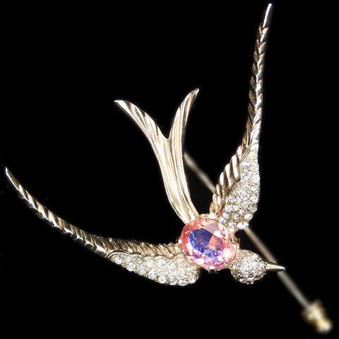 Nettie Rosenstein Gold Pave and Iridescent Pink Topaz Swooping Swallow Bird Stick Pin