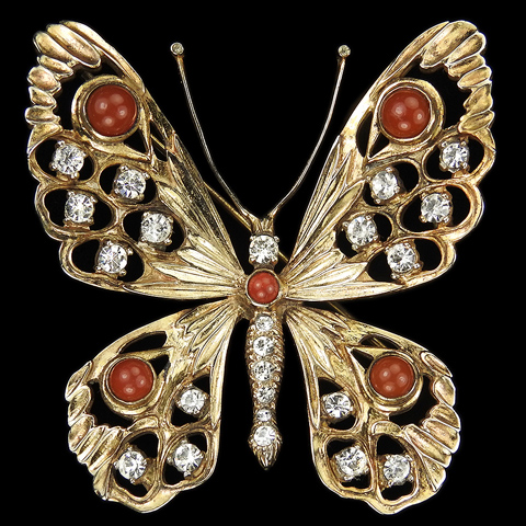 Nettie Rosenstein Sterling Gold Pave and Carnelian Openwork Butterfly Pin