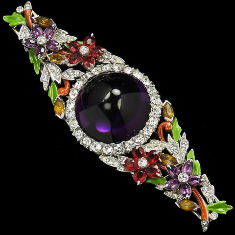 Dujay Pave Metallic Enamel Ruby and Amethyst Flowers and Large Amethyst Cabochon Floral Scene Bar Pin
