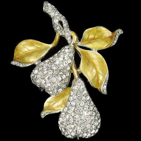 Dujay Pave Pears on a Branch with Metallic Enamel Leaves Pin