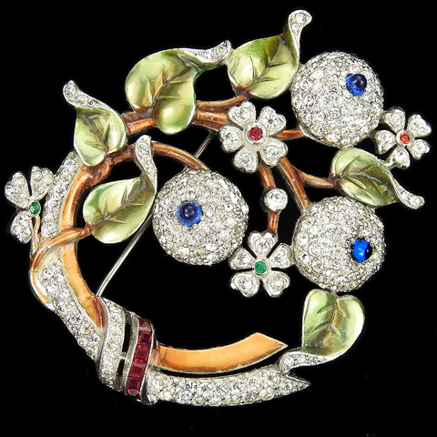 Dujay Pave Invisibly Set Rubies and Metallic Enamel Leaves Fruits and Flowers Floral Swirl Pin