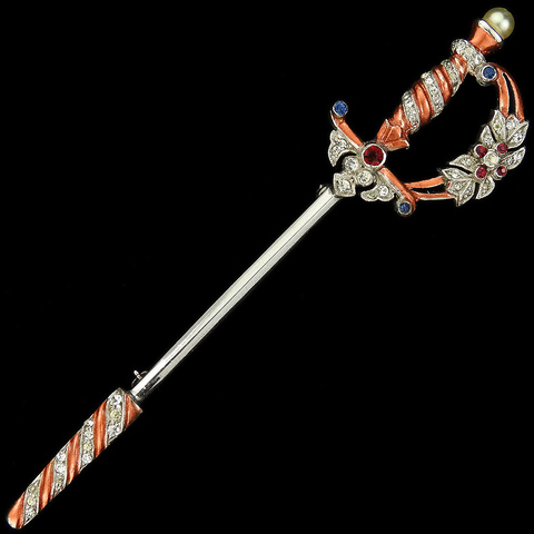 Dujay Pave and Metallic Enamel Sword and Scabbard with Flower Decoration Pin