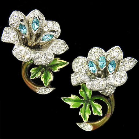 Dujay Matched Pair of Smaller Pave and Metallic Enamel Orchids with Aquamarine Stamens Pin Clips