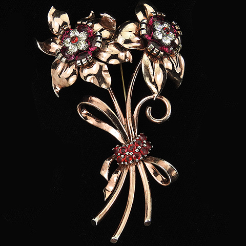 Pennino Sterling 'Jewels of Fantasy' Gold Ruby and Diamante Double Peony Floral Spray with Bow Pin