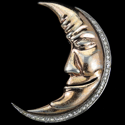 Nettie Rosenstein Sterling Gold and Pave Smiling Man in the Moon Pin