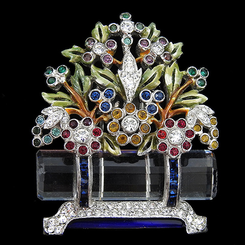 Dujay Pave Enamel Multicolour Stones and Invisibly Set Sapphires Flowers and Leaves in a Faceted Crystal Flower Basket Pin Clip