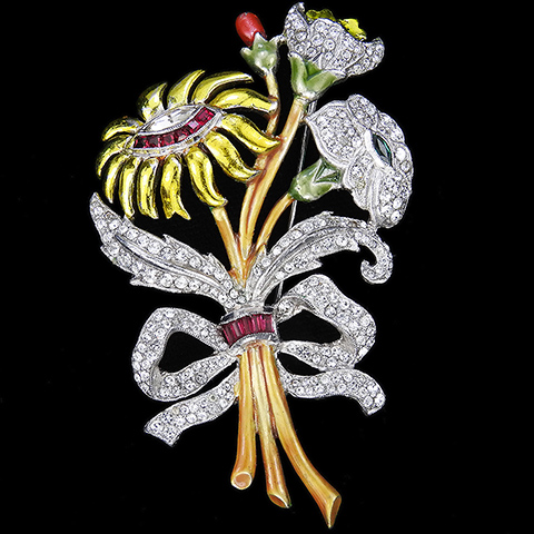 Dujay Pave Metallic Enamel Openwork Three Flowers Floral Spray with Invisibly Set Ruby Bow Pin