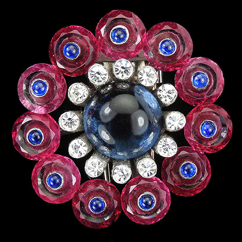 Dujay Diamante Spangles Ruby Fruit Salads and Sapphire Cabochons Circle Pin Clip
