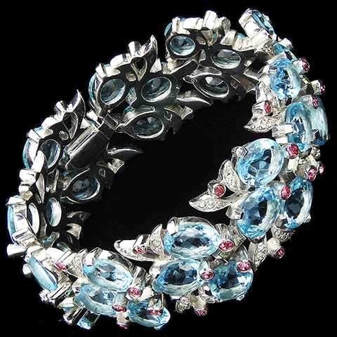 Pennino Pave Leaves Ruby Spangles and Aquamarines Floral Link Bracelet