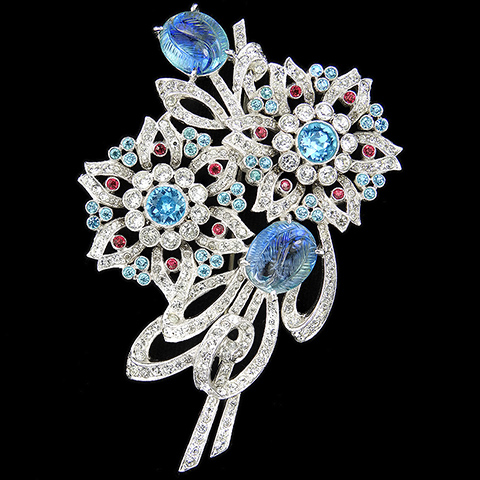 Dujay Pave Swirls Blue Topaz Fruit Salads and Openwork Ruby and Aquamarine Spangled Flowers Floral Spray Pin