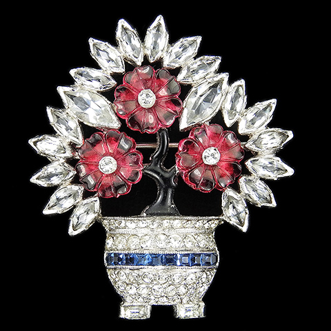 Dujay Ruby Fruit Salad Flowers and Invisibly Set Sapphires Flowers in a Pot or Flower Basket Pin 