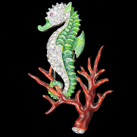 Dujay Pave and Enamel Seahorse on a Coral Reef Pin Clip
