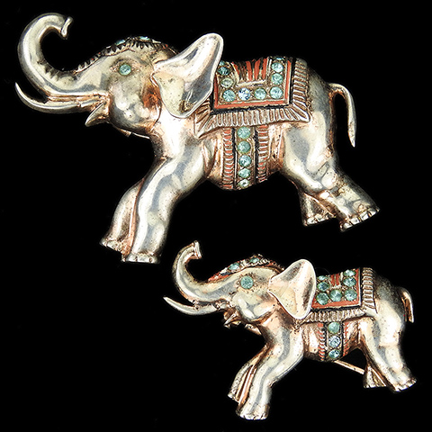 Nettie Rosenstein Sterling Gold Aquamarines and Enamel Pair of Large and Medium Trumpeting Elephants Pin Clips