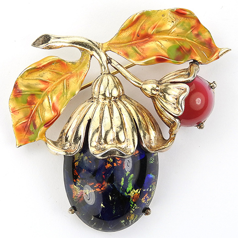 Dujay Sterling Gold Carnelian and Black Opal Cabochon Fruits and Mottled Metallic Enamel Leaves Floral Pin