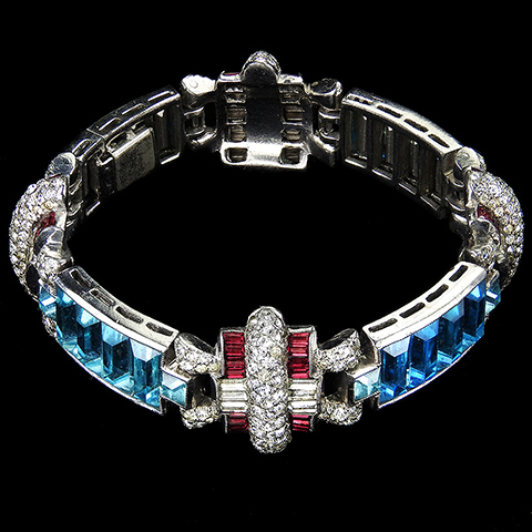 Dujay Invisibly Set Foiled Aquamarines Rubies and Diamonds Gallery Set Four Element Deco Link Bracelet