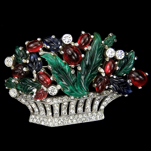 Dujay Pave Openwork Diamante Spangles and Tricolour Fruit Salads 3D Flower Basket Pin