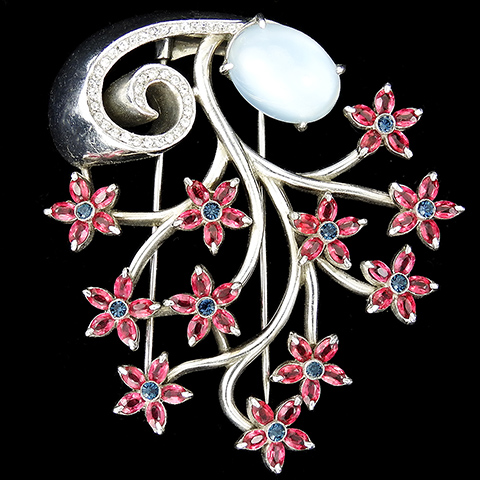 Dujay Gold and Pave Blue Moonstone Cabochon Fruit and Five Petalled Ruby and Sapphire Flowers on Branches Pin Clip