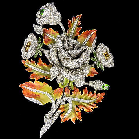 Dujay Pave Blooming Rose with Four Citrine and Peridot Buds and Mottled Enamel Leaves Flower Pin