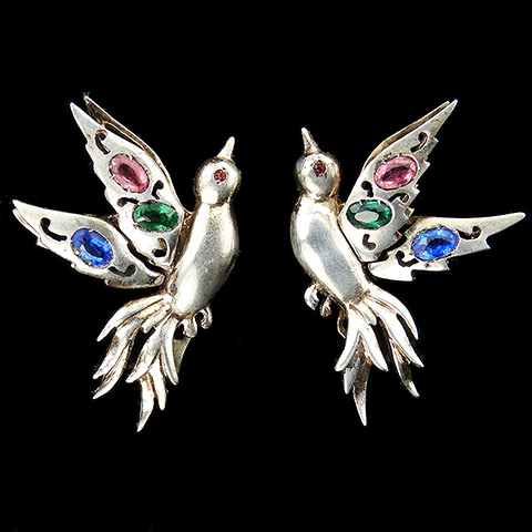 Dujay Sterling Double Winged Silver Scrolls and Gold Openwork Multicolour Stones Bird of Paradise Screwback Earrings