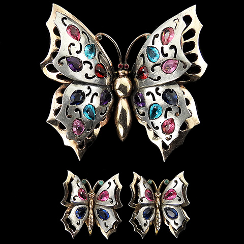 Dujay Sterling Double Winged Silver Scrolls and Gold Openwork Multicolour Stones Butterfly Pin and Screwback Earrings Set