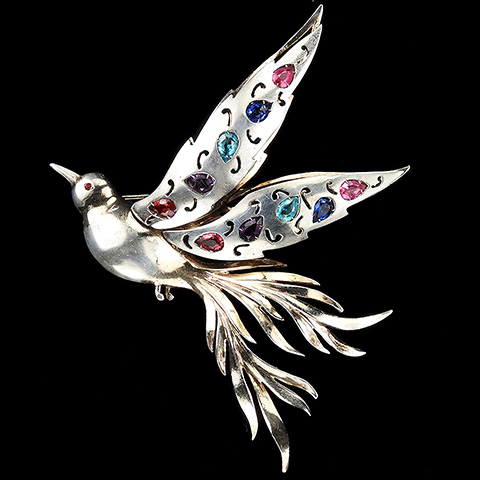 Dujay Sterling Double Winged Silver Scrolls and Gold Openwork Multicolour Stones Bird of Paradise Pin