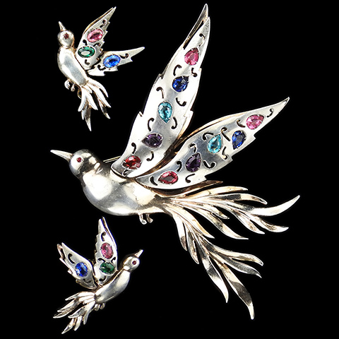 Dujay Sterling Double Winged Silver Scrolls and Gold Openwork Multicolour Stones Bird of Paradise Pin and Screwback Earrings Set