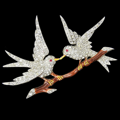 Dujay Pair of Pave Lovebirds on an Enamel Branch Bird Pin