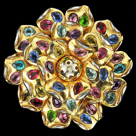 Dujay Gold Openwork and Multicoloured Prong Set Stones Giant Dome Petalled Rose Flower Pin