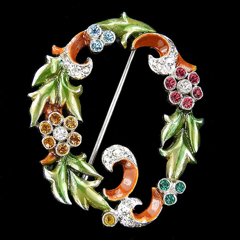 Dujay Multicolour Flowers and Metallic Enamel Leaves Floral Garland Initial Letter 'O' Pin