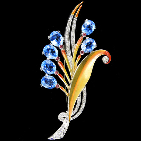 Pennino Pave and Metallic Enamel Leaves and Blue Topaz Flowers Floral Spray Pin