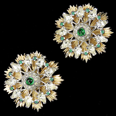 Nettie Rosenstein Gold Diamante and Emerald Cabochons Snowflake Starburst Star Button Clip Earrings
