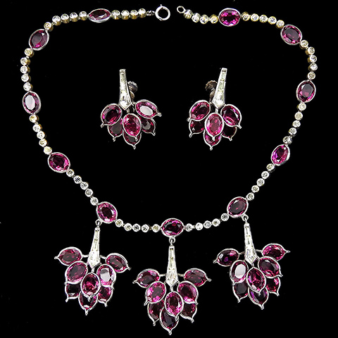 Pennino (unsigned) Diamante and Amethyst Petals Triple Pendant Flower Choker Necklace and Screwback Earrings Set