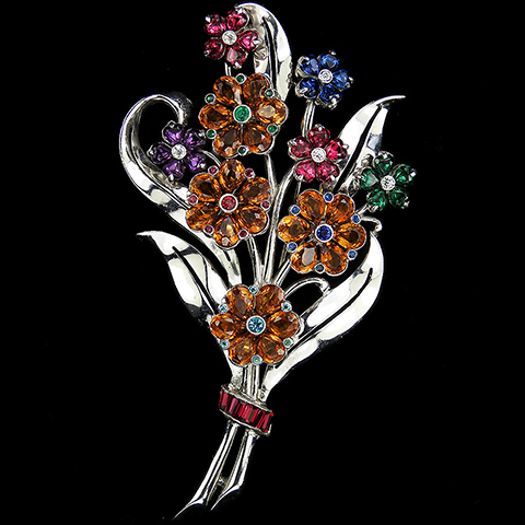 Dujay Silver and Invisibly Set Rubies Nine Flower Multicolour Floral Spray Pin