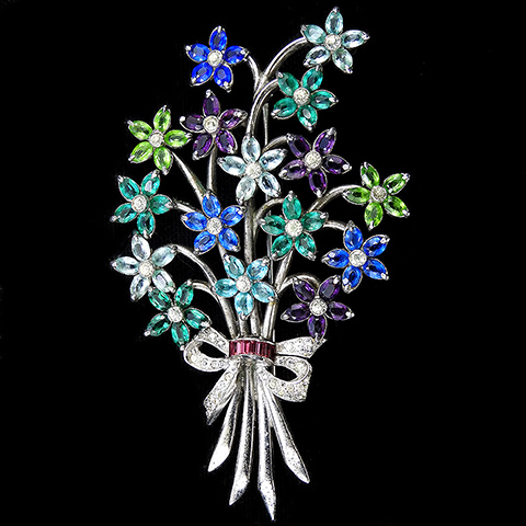 Dujay Silver and Invisibly Set Rubies Bow Sixteen Flower Multicolour Floral Spray Pin