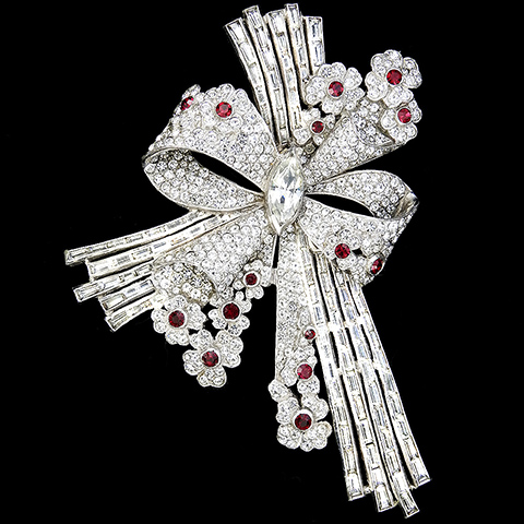 Dujay Pave Ruby and Openback Channel Set Diamonds Giant Flowers and Bow Sunbursts Bowknot Floral Spray Pin