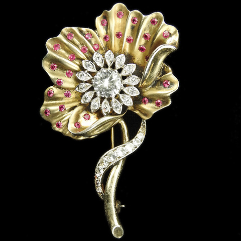 Sterling Gold Pave and Open Backed Rubies Opening Flower Pin